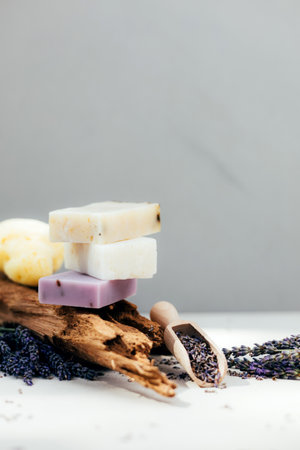 Handmade soap from natural ingredients, lavender flowers. Concept of sustainable use, bath products. Front viewの写真素材