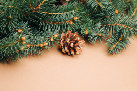 New Year, Christmas background. Branches of a green Christmas tree on a brown background. Top viewの写真素材