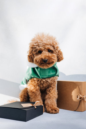 Close-up small brown poodle dog in a Santa suit on a gray background. Pets portrait.の写真素材