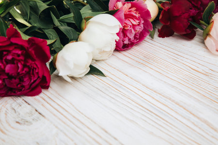 Flower arrangement of pink and white peonies. Close up natural background