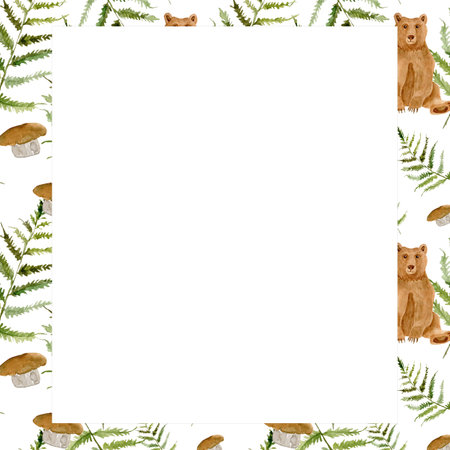 Square watercolor frame bear, mushrooms, fern. Forest flora and fauna in watercolor isolated on white background. Forest pattern. Drawing bearの写真素材