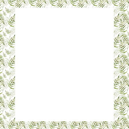 Fern watercolor square frame. Frame with forest greenery. Forest green fern leaves for cards, wedding invitations, packaging design, printing.の写真素材