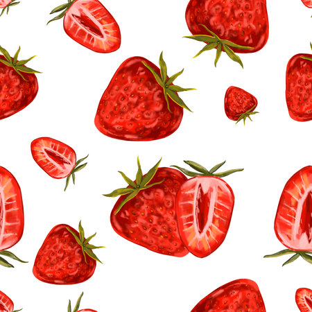Watercolor pattern with strawberries, sliced strawberries, berries. Pattern with summer berries for wrapping paper, wallpaper, packaging designの写真素材