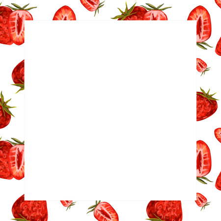 Watercolor berry square frame with strawberries, sliced strawberries, berries. Frame with summer berries for products, packaging designの写真素材