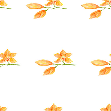 Orchids pattern in watercolor. Tropical floral pattern, orange phalaenopsis. Exotic plant botanical pattern hand drawn for textiles, printingの写真素材