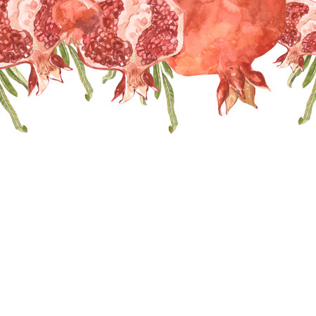 Pomegranate watercolor frame with branches. Frame of ripe red pomegranates, pomegranate tree. Botanical illustration of pomegranateの写真素材