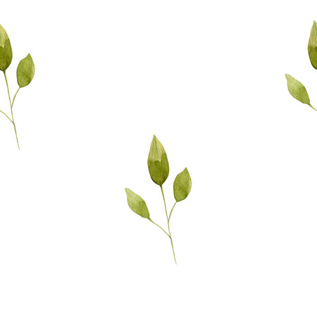 Watercolor seamless pattern with green twigs. Watercolor botanical illustration, branch with leaves for textiles, wedding invitations, weddingの写真素材