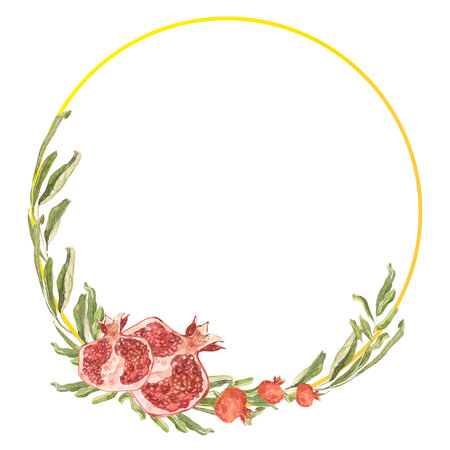 Watercolor pomegranate wreath with branches and gold. Round frame of pomegranate fruits and greenery, hand drawn botanical illustration. For weddingの写真素材