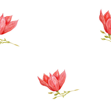 Watercolor pattern with pink magnolia on a branch. Botanical seamless watercolor print with leaves, pink Japanese flowers for textiles, wallpaperの写真素材