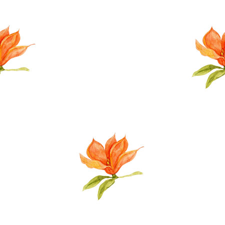 Seamless pattern with orange magnolia flower on a white background. Print for fabric spring yellow flowers with green leaves. Botanical floral patternの写真素材
