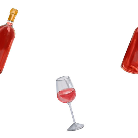 Watercolor seamless pattern with a bottle of red wine and a glass on a white background. Alcoholic drink pattern, romantic dinner, date.の写真素材