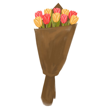 Watercolor drawing of a bouquet of yellow and pink tulips. Floral illustration of tulips in wrapper, hand drawn bouquet of flowers in country styleの写真素材