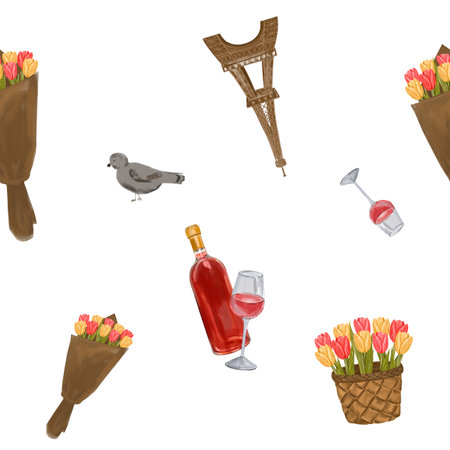 Watercolor seamless pattern with the Eiffel Tower, a bouquet of flowers, a basket tulips, a bottle of wine, a glass of red wine. French country printの写真素材