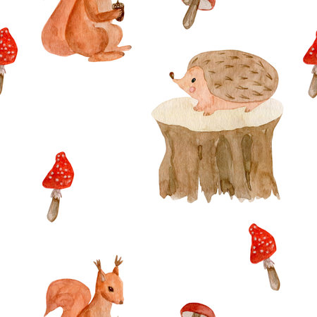 Watercolor seamless forest pattern with hedgehog, squirrel and mushrooms. Hand print with forest inhabitants, forest flora and faunaの写真素材