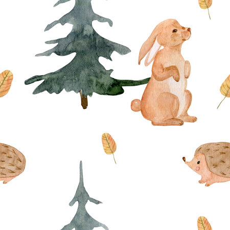 Watercolor seamless pattern of hare, hedgehog, spruce and autumn leaves. Hand drawn forest animals, forest flora and fauna. Forest print with forestの写真素材