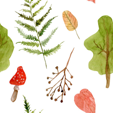 Seamless pattern with hand drawn watercolor forest plants. Seamless background with cute forest landscape: fern, mushrooms, fly agaric, trees, leavesの写真素材
