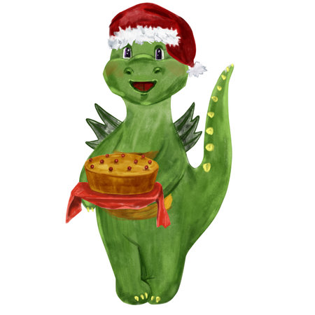 Watercolor isolated illustration of a cute green dragon in a Christmas hat with a birthday cake, dino symbol of 2024, hand drawn New Year symbolの写真素材