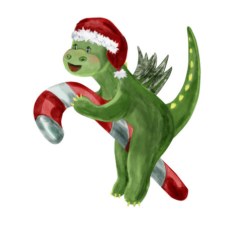 Cartoon cute watercolor dragon wearing a festive Santa hat with a Christmas candy isolated on a white background. Watercolor illustrationの写真素材