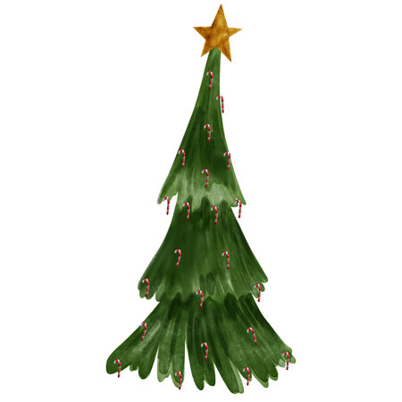Watercolor illustration of a Christmas tree with a gold star and Christmas sweets. Watercolor hand drawn illustration with Christmas treeの写真素材