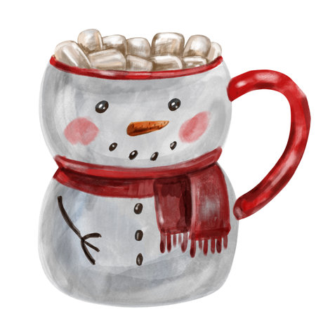 Watercolor illustration of Christmas cocoa with marshmallows in a snowman-shaped mug. Snowman mug drawing, cozy Christmas drink, snowman in scarfの写真素材