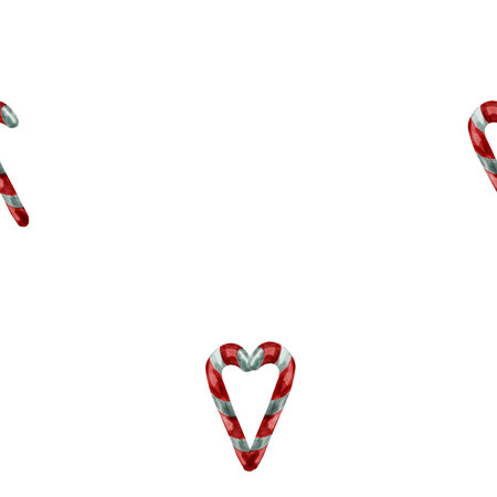 Watercolor pattern of traditional Christmas candies in the shape of a heart on a white background, sweet white and red heartの写真素材