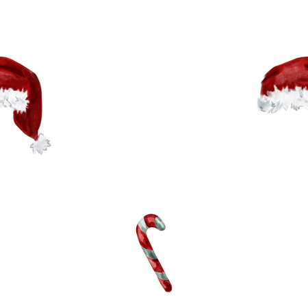 Watercolor pattern of traditional Christmas candies with Christmas holiday santa hat. Pattern with striped Christmas candiesの写真素材