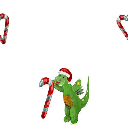 Watercolor pattern cartoon cute dragon with Christmas candy cane in festive Santa hat, dragon eats candy. Seamless watercolor pattern of dragonの写真素材