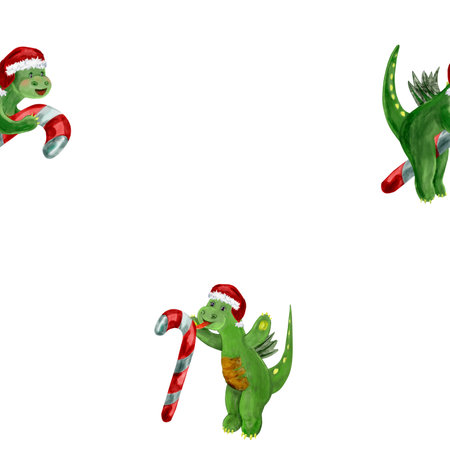 Watercolor pattern cartoon cute dragon flying on a Christmas candy cane wearing a festive Santa hat with Christmas candiesの写真素材