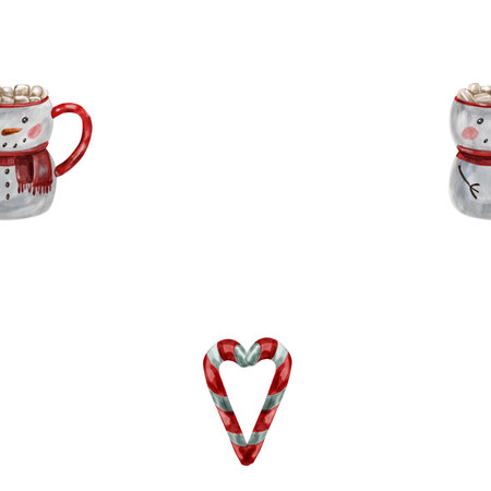 Watercolor pattern of traditional Christmas candies with hot cocoa in a snowman mug. Christmas candies and cocoa with marshmallowsの写真素材