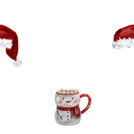 The watercolor cocoa pattern with a marshmallow in a snowman mug and a traditional red cap of Santa. A warming winter drinkの写真素材
