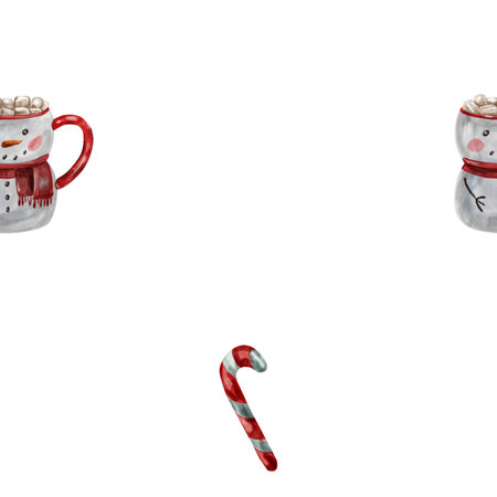 Watercolor pattern of traditional Christmas candies with hot cocoa in a snowman mug. Christmas candies and cocoa with marshmallowsの写真素材