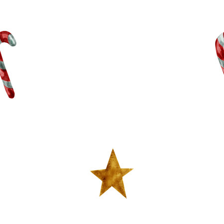 Watercolor pattern of traditional Christmas candies in the shape of a heart and a golden Christmas star. Pattern with striped Christmas candiesの写真素材