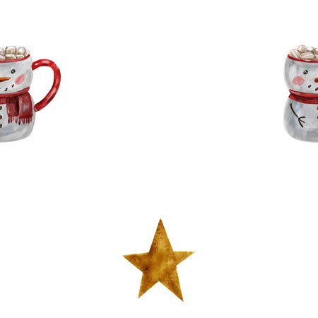 Watercolor pattern of traditional Christmas hot cocoa with marshmallows in a snowman mug and a Christmas gold star. Cocoa with marshmallowsの写真素材