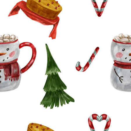 Watercolor pattern with traditional Christmas striped candies, Christmas tree, lights, pie, hot cocoa with marshmallows in a snowman mugの写真素材