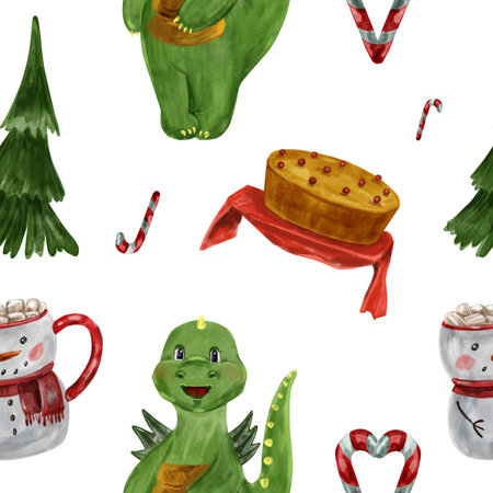 Watercolor pattern of cartoon cute dragon with Christmas candy, pie, star, cocoa with marshmallow in snowman mug. symbol of 2024の写真素材