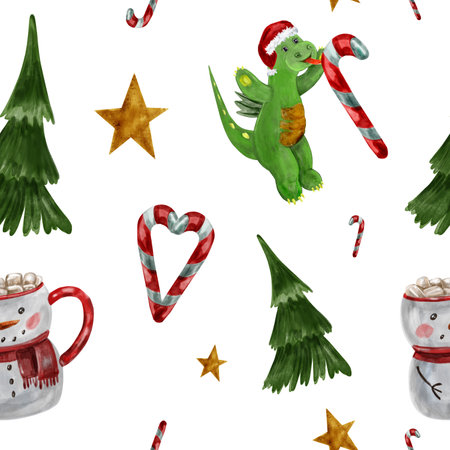 Watercolor pattern with cute dragon in red Santa hat with Christmas sweets, pie, star, cocoa with marshmallows in snowman mug, Christmas starの写真素材