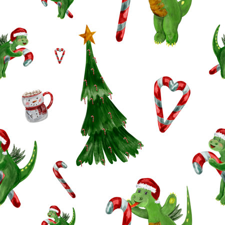 Watercolor pattern with cute dragon in red Santa hat with Christmas sweets, pie, star, cocoa with marshmallows in snowman mug, Christmas starの写真素材