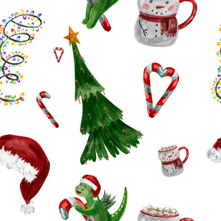Watercolor pattern of a cartoon cute dragon with Christmas candies, lights, star, yokakao with marshmallows in a snowman mugの写真素材