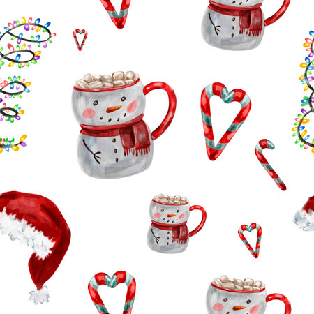 Watercolor pattern of traditional Christmas candies with hot cocoa and marshmallows in a snowman mug, garland, holiday lights, santa hatの写真素材