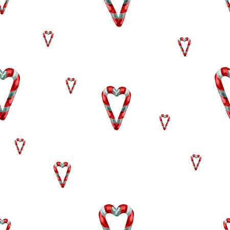 Watercolor pattern of traditional Christmas candies in the shape of a heart on a white background, sweet white and red heartの写真素材