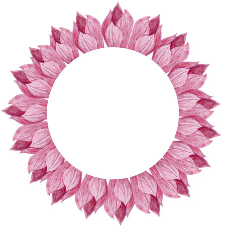 Watercolor wreath with lilac magnolia flowers. Botanical hand drawn illustration with buds of wild Japanese flowers in a circleの写真素材