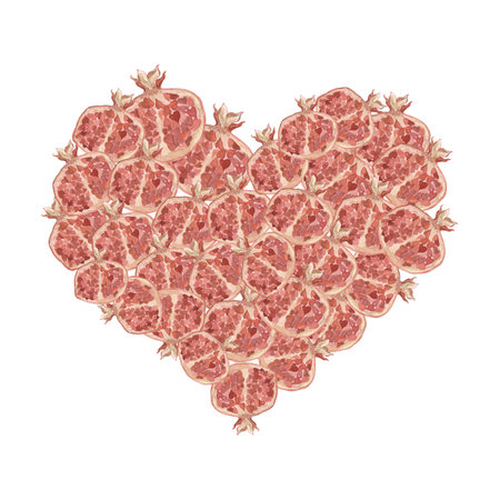 Watercolor composition with pomegranate slices and hearts. Hand drawn illustration of a heart shaped pomegranate. Composition for Valentines dayの写真素材