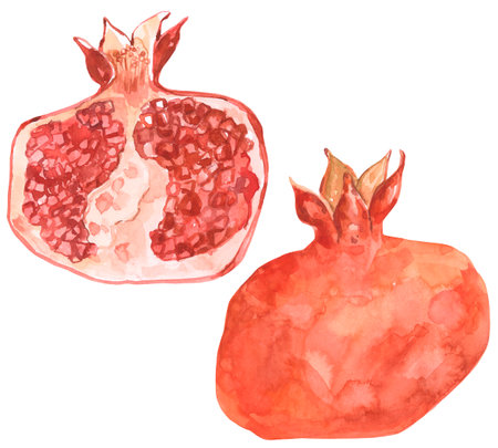 Watercolor illustration set of grant whole and half isolated on white background. Hand drawn illustration of bright juicy ripe red pomegranateの写真素材
