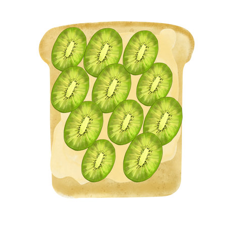 Toast with bruschetta and kiwi, watercolor food illustration isolated on white background. Healthy vegetarian breakfast, sandwich, healthy plant foodの写真素材