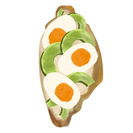 Watercolor food illustration, sandwich with avocado and eggs. Healthy eating, hand drawn snacks isolated on white background. Flat food illustrationの写真素材