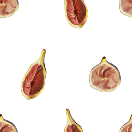 Watercolor pattern with food, ripe piece of fig on a white background. Hand drawn botanical watercolor illustration of fruit, figの写真素材