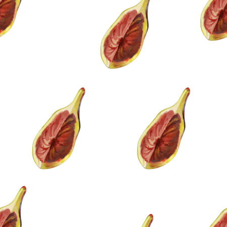 Watercolor pattern with food, ripe piece of fig on a white background. Hand drawn botanical watercolor illustration of fruit, figの写真素材