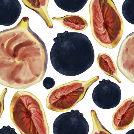 Watercolor pattern with food, ripe piece of fig and berries on a white background. Hand drawn botanical illustration of fruits, blueberries and figsの写真素材
