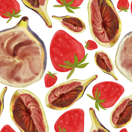 Watercolor pattern with food, ripe piece of fig and berries on a white background. Hand drawn botanical illustration of fruit, strawberry and figの写真素材