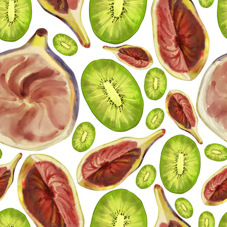 Watercolor pattern with food, ripe piece of fig and kiwi on a white background. Hand drawn botanical watercolor of fruit, kiwi and figの写真素材